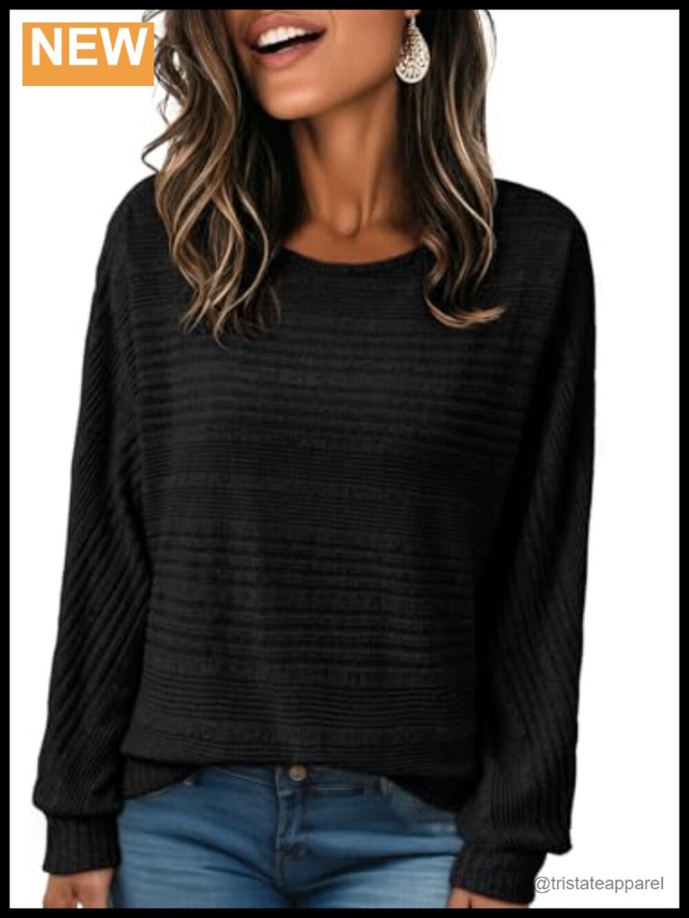 Women's Long Sleeve Knit Blouse Boat Neck Batwing Sleeve Casual Top